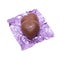Two chocolate heart candy in puple foil on white background