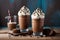 Two chocolate milkshakes with whipped cream and chocolate cookie