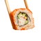Two chopsticks holding Uramaki California sushi roll