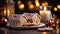 Two Christmas Gingerbread Houses and Treats on a Small Plate Amist the Decorations. Generative AI