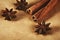 Two cinnamon sticks and three stars anise on paper background cl