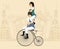 Two circus performers women on a retro bicycle on cityscape background vector