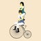 Two circus performers women on a retro bicycle in vintage costume vector