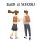 Two classmates, classfellows or friends walk to school and talk or chat.Pair of girl and boy or students or pupils with schoolbags
