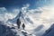 Two climbers climb the peak of a snow covered mountain. Generative AI