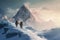 Two climbers climb the peak of a snow covered mountain. Generative AI