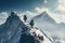 Two climbers climb the peak of a snow covered mountain. Generative AI