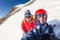 Two climbers mountaineers smiling mountain ridge Huayna Potosi Bolivia