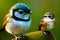 Two close-up portrait dreamlike gavroche style fantasy birds generated by ai