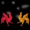 Two cocky rooster, red and yellow on a background of constellation . Chinese Horoscope - Rooster. Chinese New Year.