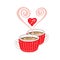 Two cocoa or coffee cups with heart shaped steam and red knitted cup cosy.