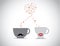 Two coffee cups with black mustache & red lips with red flying h