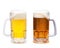 Two cold frosty mugs of beer on a white background, Pale ale and Red Lager