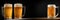 Two cold mugs with beer, with overflowing foam, on wooden table and dark background, space for writing