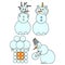 Two color subject vector illustrations of snowmen. Snowman unicorn. Snowman builds a snow house.