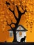 A two-colored house, two trees, a black cat, orange-yellow gradient background