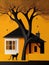 A two-colored house, two trees, a black cat, orange-yellow gradient background