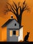 A two-colored house, two trees, a black cat, orange-yellow gradient background