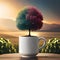a two colored tree growing from a mug. Generated AI