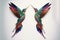 two colorful birds are facing each other with wings spread out to form a heart shape, with one bird facing the other with i