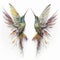 two colorful birds with wings spread out of them\\\'heads, facing each other, with one bird facing the