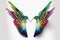 two colorful birds with wings spread out to each other, facing each other, with one bird facing the other with its beak ope