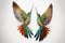 two colorful birds with wings spread out to each other, facing each other, with one bird facing the other with its wings sp