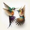 two colorful birds with wings spread out to each other, facing each other, with one flying away from the other bird, and the other