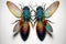 two colorful bugs are sitting on a white surface together, one is blue and the other is yellow and the other is red and yel