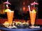 Two colorful coctails on the table of a cruise ship bar on vacation