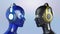 Two colorful disco girl-robot heads with shining eyes in big headphones facing each other,