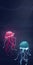 Two colorful jellyfish in the dark water. Blue and pink jellyfish illustration
