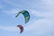 Two Colorful kitesurfing sails fly in the sky