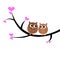 Two colorful lovely owls sitting in a tree vector illustration