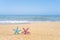 Two colorful starfish, star on sand beach with sea water background. Couple vacation concept.