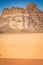 Two colors of sand in desert with sandstone and granite rock Wadi Rum in Jordan