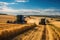 Two combine harvesters in a wheat field. Generative AI image.