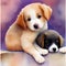 Two is Company - Watercolor Puppies Having a Blast. AI Generated