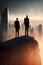 Two confident businessman in suits stand on the edge of a mountain and look at the city of skyscrapers. Generative AI illustration