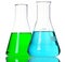 Two Conical Flasks with Green and Blue Liquid -