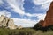 Two contrasting stone formations jut up side by side near Colorado Springs and the Rocky Mountains USA - one is a white limestone