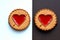 Two cookies hearts brown and white background