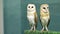 Two cool barn owls sitting together and dancing