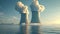 Two cooling towers in the ocean with smoke coming out of them, AI