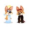 Two corgi characters. Puppies in angel and devil costumes. Wings and halo, horns and tail. Funny domestic animals. Flat