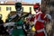 Two Cosplayers dressed as Green Ranger and Red Ranger, characters from the Power Rangers tv series at the Lucca Comics and Games.