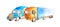 Two couple semi trucks lorry of different colors, truck models and designs parked on a white background isolated in watercolor