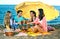 Two couples toast under an umbrella on the beach.