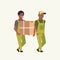 Two couriers in uniform carrying cardboard box package mail express delivery service concept african american workers