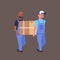 Two couriers in uniform carrying cardboard box package mail express delivery service concept mix race workers holding